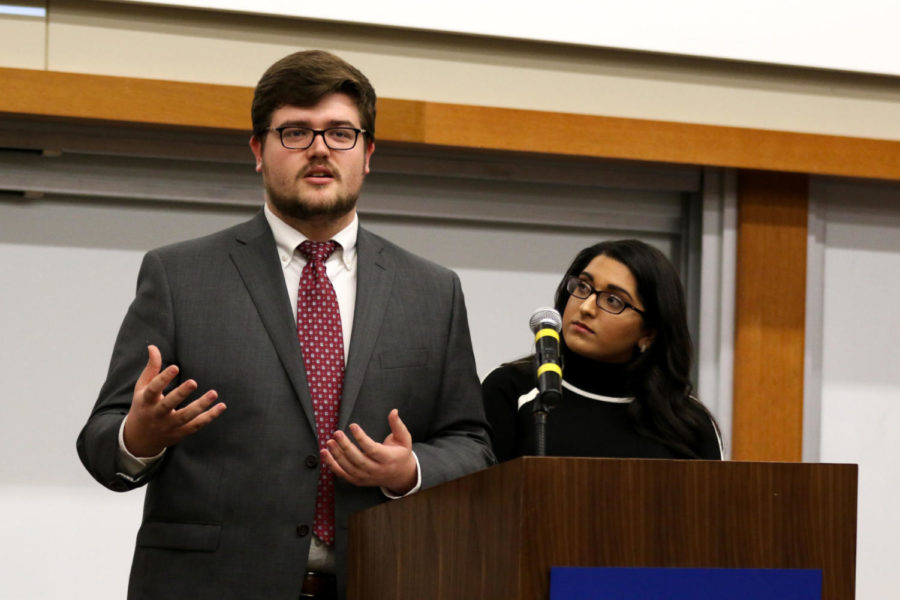 Presidential candidate Michael Hamilton and Vice Presidential candidate Noor Ali participated in the Student Government Association election debate on Monday, February 19, 2018 in Lexington, Ky. The SGA Presidential election will be held on Feb. 21 and 22. Photo by Arden Barnes | Staff