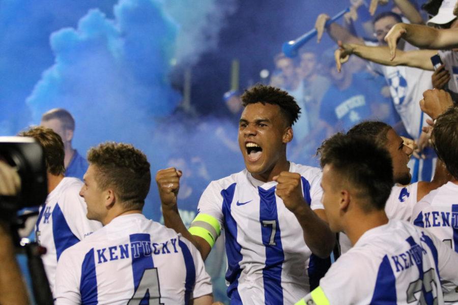 Junior JJ Williams celebrating after UKs third goal of the game. University of Kentucky mens soccer team beat University of Louisville for their 3rd straight win of the season on Tuesday, September 4th, 2018 in Lexington, Kentucky. Photo by Michael Clubb I Staff