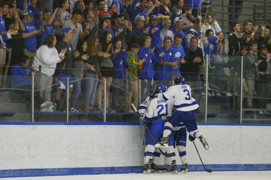 The Kentucky Wildcats celebrate after scoring a goal against Middle Tennessee State at Lexington Ice Center on Friday, September 15, 2017.