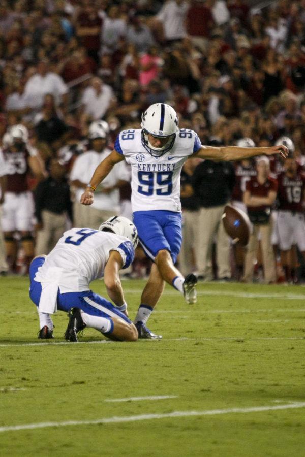 Kentucky kicker Austin MacGinnis kicks a field goal during the first half of the game against the South Carolina Gamecocks at Williams-Brice Stadium on Saturday, September 12, 2015 in Columbia, SC. Kentucky defeated USC 26-22. Photo by Taylor Pence | Staff