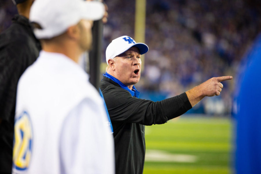 Kentucky Wildcats head coach Mark Stoops yells at a referee during the game against South Carolina on Saturday, Sept. 29, 2018, in Lexington, Kentucky. Kentucky defeated South Carolina 24 to 10. Photo by Jordan Prather | Staff