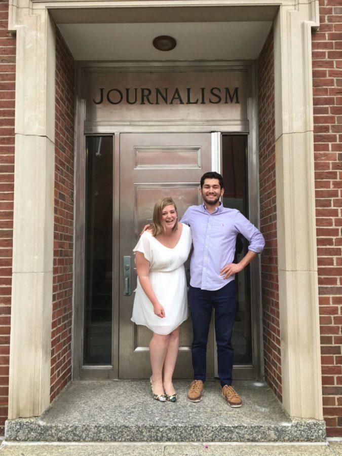 Arden Barnes (left) and Rick Childress pose for a photo outside the Grehan Journalism building on April 26, 2018. Photo by Bailey Vandiver | Staff
