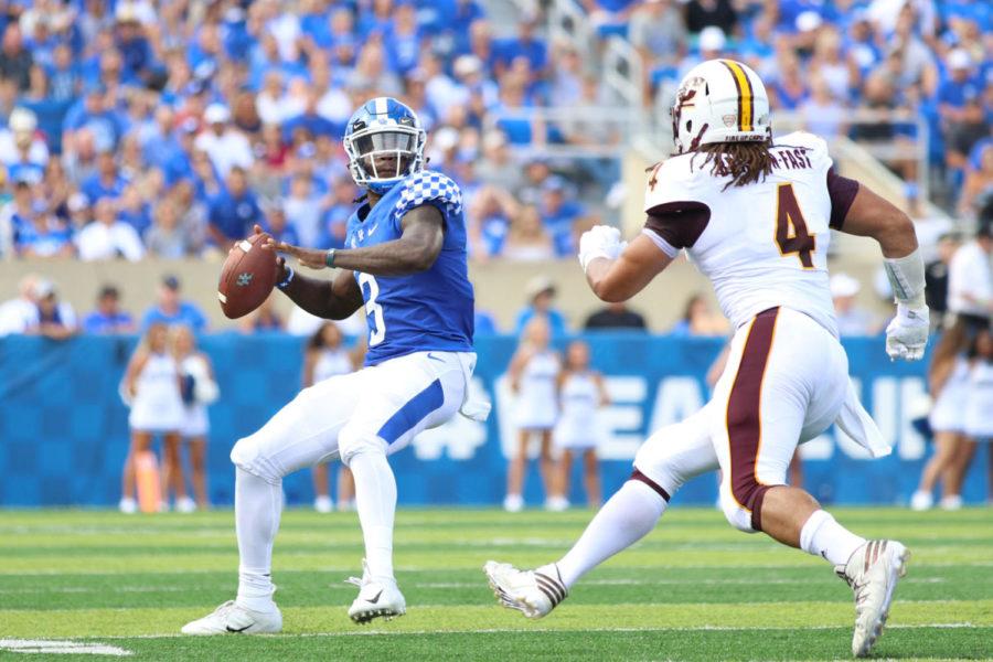 Quarterback Terry Wilson makes a pass during the game against Central Michigan on Saturday, September 1, 2018 in Lexington, Ky. Photo by Chase Phillips | Staff