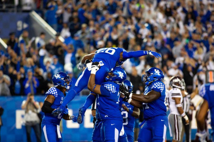 Kentucky Wildcats running back Benny Snell Jr. (26) celebrates a touchdown during the game against Mississippi State on Saturday, Sept. 22, 2018, in Lexington, Kentucky. Photo by Jordan Prather | Staff