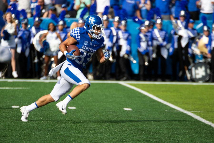 Kentucky senior wide receiver David Bouvier runs towards the end zone during the game against Central Michigan on Saturday, Sept. 1, 2018, at Kroger Field. Kentucky won 35-20. Jordan Prather | Staff