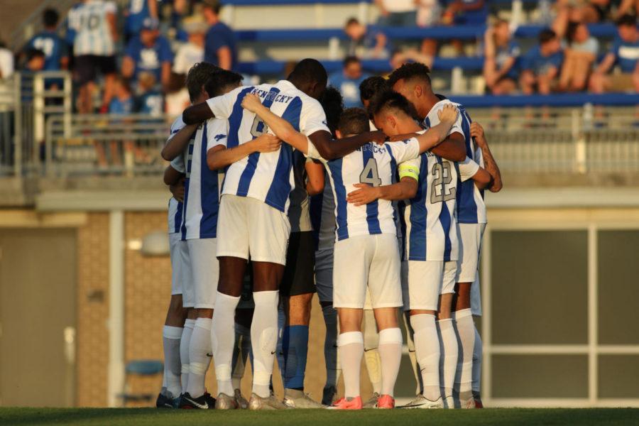 UK players huddling before kickoff. University of Kentucky mens soccer team beat University of Louisville for their 3rd straight win of the season on Tuesday, September 4th, 2018 in Lexington, Kentucky. Photo by Michael Clubb I Staff