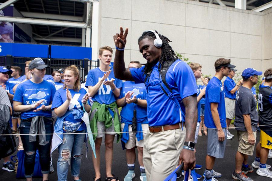 Kentucky Wildcats quarterback Terry Wilson (3) walks down the Cat Walk prior to the game against Central Michigan on Saturday Sept. 1, 2018, at Kroger Field in Lexington, Kentucky. Kentucky won 35-20. Photo by Arden Barnes | Staff