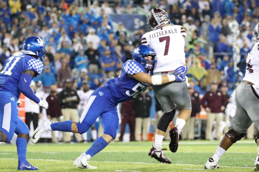 Kash Daniels attempts to sack the quarterback during the game against Mississippi State on Saturday, September 22, 2018 in Lexington, Ky. Photo by Chase Phillips | Staff
