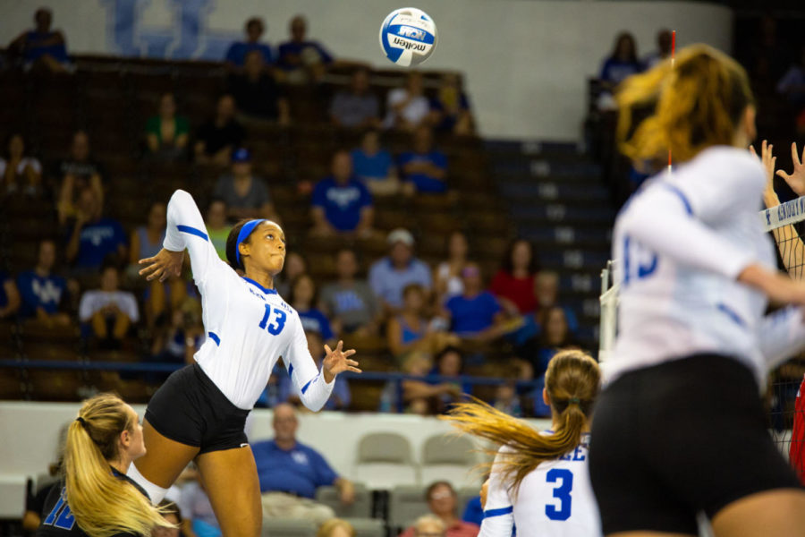Junior Leah Edmond attempts a kill during the game against Dayton in the Bluegrass Battle on Friday, August 31, 2018 in Lexington, Ky. Photo by Jordan Prather | Staff