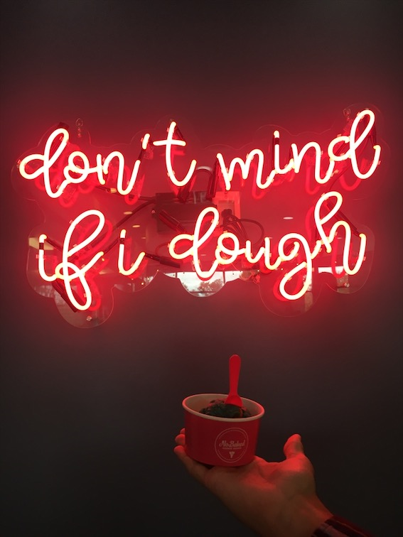 A sign reads dont mind if I dough at the newly opened NoBaked Cookie Dough located on Palomar Centre Drive in Lexington, Kentucky. Photo by Emily Baehner | Staff.