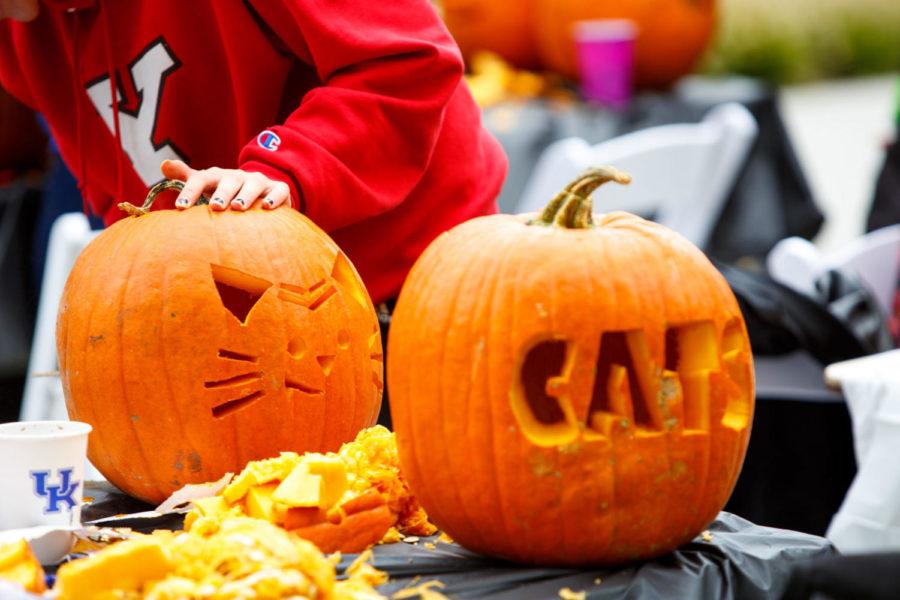 Several+pumpkins+ended+up+with+carvings+of+cats+at+the+see+boo%21+event+on+Thursday%2C+Oct.+25%2C+2018%2C+outside+of+Champions+Kitchen+in+Lexington%2C+Kentucky.+Photo+by+Jordan+Prather+%7C+Staff