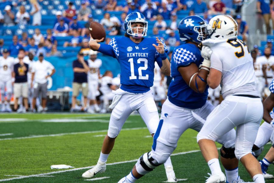 Kentucky+Wildcats+quarterback+Gunnar+Hoak+%2812%29+lines+up+a+pass+to+a+receiver+during+the+game+against+Murray+State+on+Saturday%2C+Sept.+15%2C+2018%2C+in+Lexington%2C+Kentucky.+Kentucky+defeated+Murray+48-10.+Photo+by+Jordan+Prather+%7C+Staff