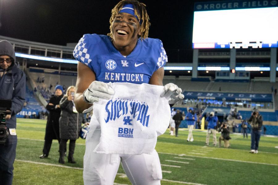 Kentucky Wildcats running back Benny Snell Jr. (26) shows off his Snell Yeah towel after the game. University of Kentucky football defeated Vanderbilt University 14-7 to become 6-1 on the season on Saturday, October 20, 2018 at Kroger Field in Lexington, Kentucky. Photo by Michael Clubb | Staff