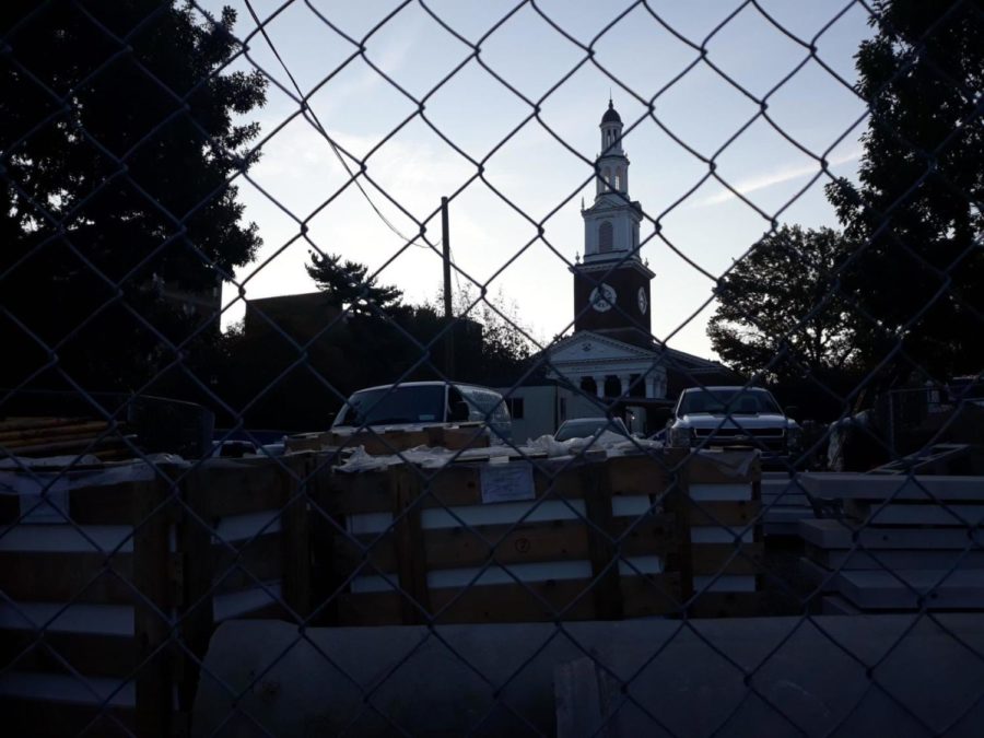 Construction takes place around Memorial Hall. Photo by Sarah Ladd