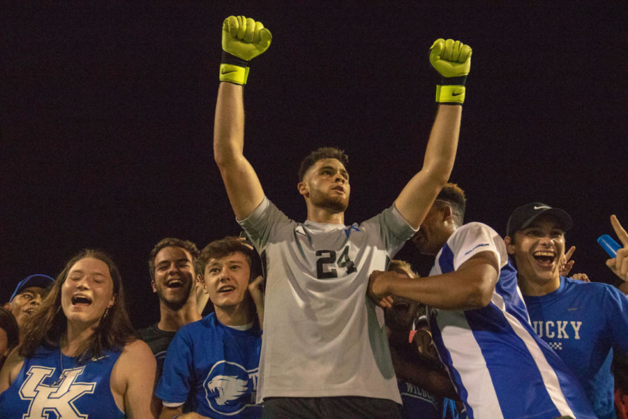 Sophomore+goalkeeper+Enrique+Facusse+%2824%29+celebrates+with+fans+after+winning+against+IU.+University+of+Kentucky+No.+4+mens+soccer+team+defeated+No.+2+Indiana+University+3-0+to+remain+undefeated+on+the+season+on+Wednesday%2C+October+3rd%2C+2018+in+Lexington%2C+Kentucky.+Photo+by+Michael+Clubb+%7C+Staff