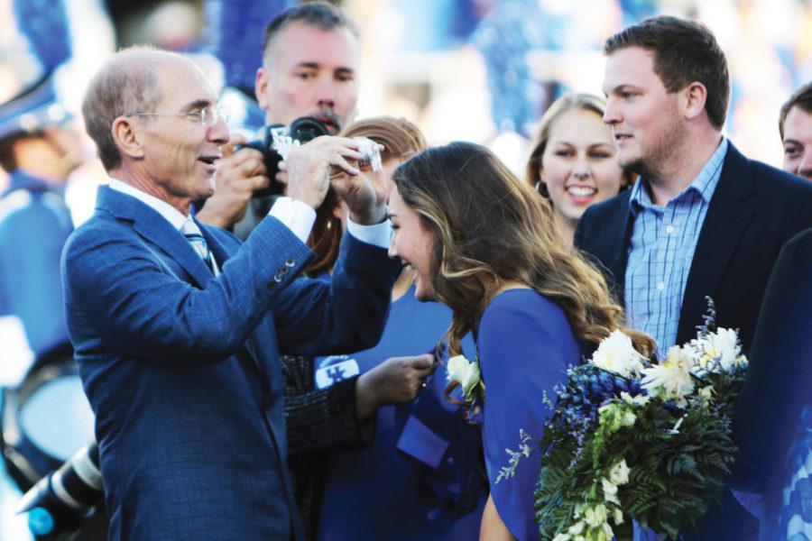 Dr. Capilouto crowns homecoming queen Willow Kreutzer at Commonwealth Stadium in Lexington, Kentucky, on Saturday, Oct. 8, 2016. Photo by Lexi Baskin | Staff.