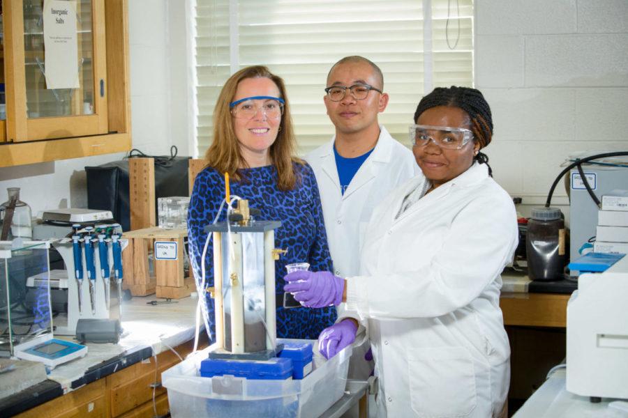 Dr. Isabel Escobar (left) a professor of chemical and materials engineering at UK stands with two phD candidates Joyner Eke (right) and Xiaobo Dong (center). 