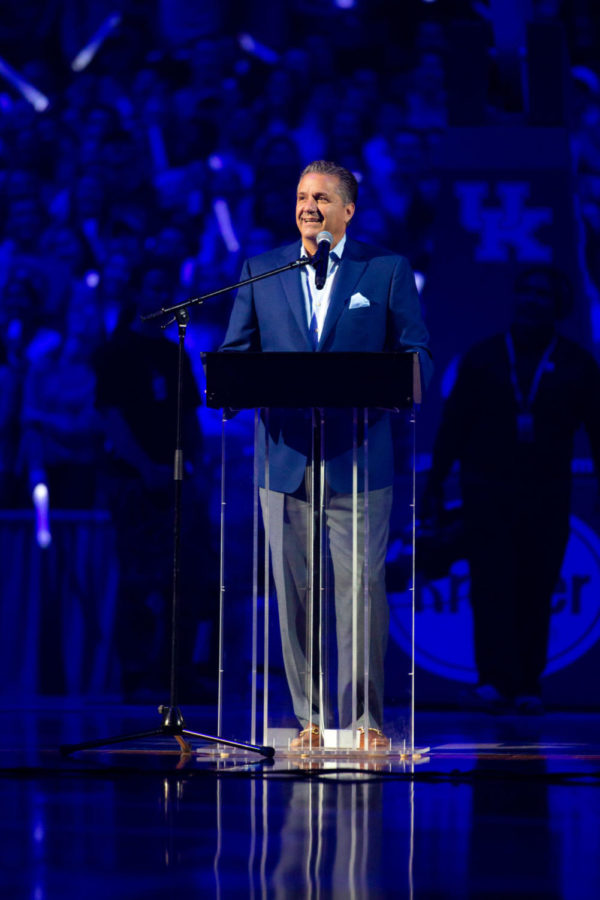 Mens basketball head coach John Calipari speaks during Big Blue Madness on Oct. 12, 2018, at Rupp Arena in Lexington, Kentucky.