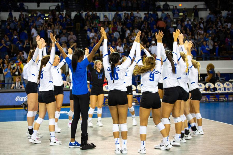 The+Kentucky+Wildcats+volleyball+team+huddles+up+after+the+match+against+Florida+on+Wednesday%2C+Oct.+31%2C+2018+at+Memorial+Coliseum+in+Lexington%2C+Kentucky.+Kentucky+swept+the+Gators+winning+the+first+three+sets.+Photo+by+Jordan+Prather+%7C+Staff