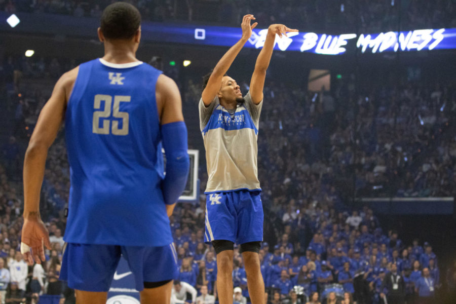 Freshman+forward+EJ+Montgomery+taking+a+shot+during+BBM.+UK+Womens+and+Mens+basketball+teams+had+the+seasons+first+open+practice+for+Big+Blue+Madness+on+Friday%2C+October+12th%2C+2018+in+Lexington%2C+Kentucky