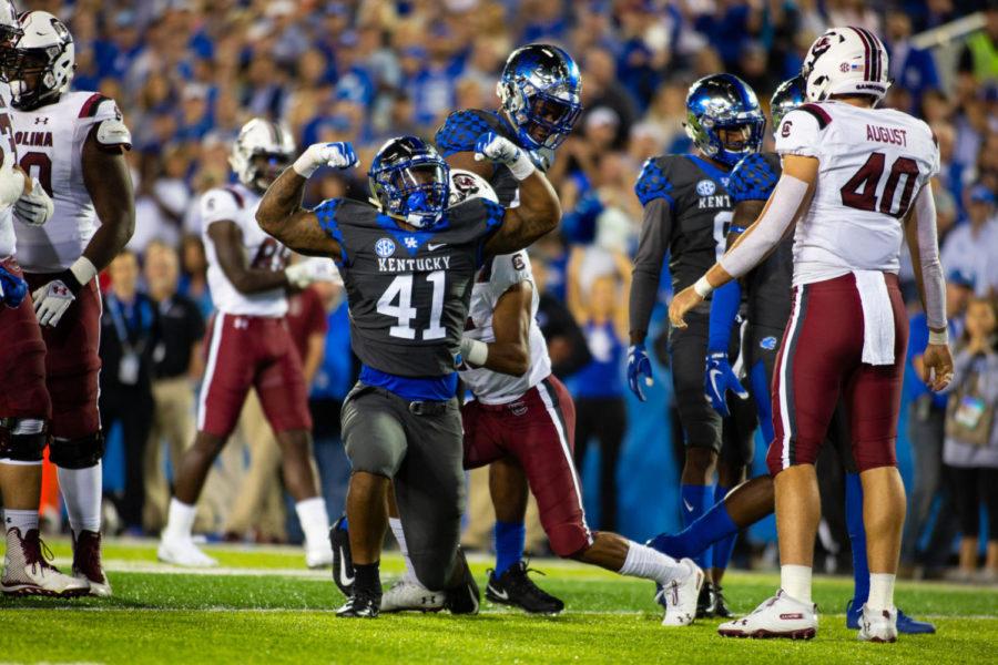 Kentucky+Wildcats+linebacker+Josh+Allen+%2841%29+flexes+after+a+play+during+the+game+against+South+Carolina+on+Saturday%2C+Sept.+29%2C+2018%2C+in+Lexington%2C+Kentucky.+Kentucky+defeated+South+Carolina+24+to+10.+Photo+by+Jordan+Prather+%7C+Staff