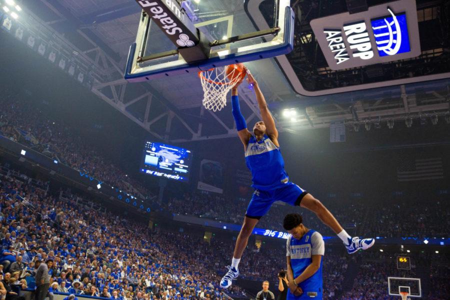 Sophomore+PJ+Washington+competes+in+the+dunk+contest+during+Big+Blue+Madness+on+Friday%2C+Oct.+12%2C+2018+at+Rupp+Arena+in+Lexington%2C+Ky.+Photo+by+Jordan+Prather+%7C+Staff