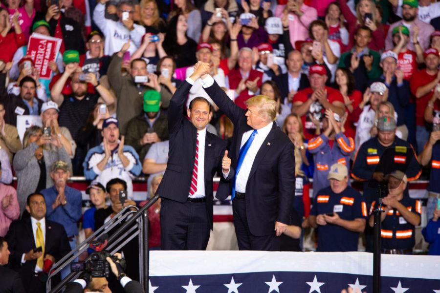 Congressman Andy Barr and President Donald Trump exit the stage together during the make America great again rally on Saturday, Oct. 13, 2018, at Alumni Coliseum in Richmond, Kentucky. Photo by Jordan Prather | Staff