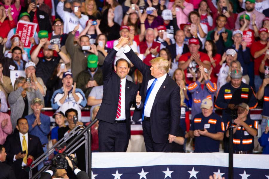 Congressman+Andy+Barr+and+President+Donald+Trump+exit+the+stage+together+during+the+make+America+great+again+rally+on+Saturday%2C+Oct.+13%2C+2018+at+Alumni+Coliseum+in+Richmond%2C+Ky.+Photo+by+Jordan+Prather+%7C+Staff
