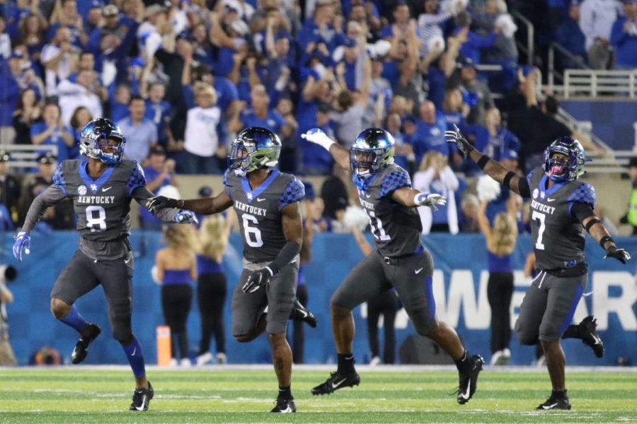 Kentucky defense celebrates an interception during the game against South Carolina on Saturday, September 29, 2018 in Lexington, Ky. Photo by Chase Phillips | Staff