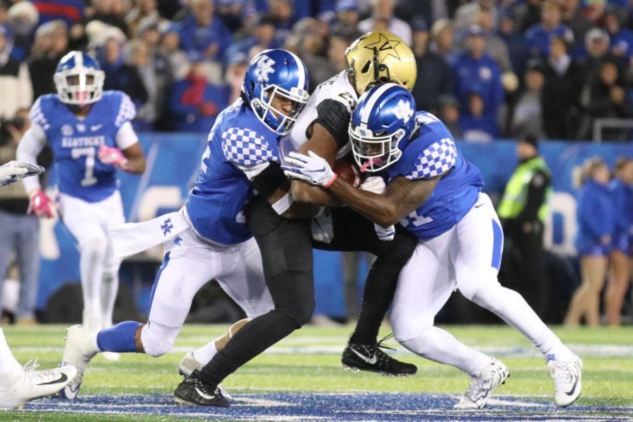 Jordan Jones makes a tackle during the game Vanderbilt on Saturday, October 20, 2018 in Lexington, Ky. Photo by Chase Phillips | Staff