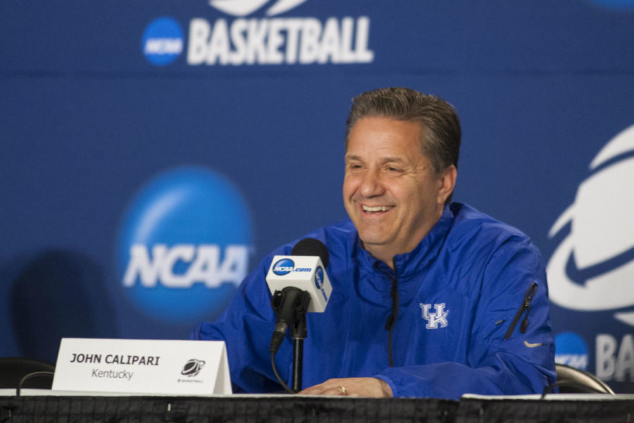 Head coach John Calipari of the Kentucky Wildcats laughs while answering a question during the pre-game press conference for the game against the Hampton Pirates at KFC Yum! Center on Wednesday, March 18, 2015 in Louisville , Ky. Kentucky, the overall number 1 seed, opens its NCAA tournament Thursday at approx. 9:40 EST. Photo by Michael Reaves | Staff.