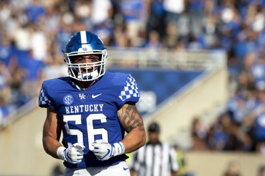 Kentucky Wildcats linebacker Kash Daniel (56) reacts after a play during the game against Central Michigan on Saturday Sept. 1, 2018, at Kroger Field in Lexington, Kentucky. Kentucky won 35-20. Photo by Arden Barnes | Staff