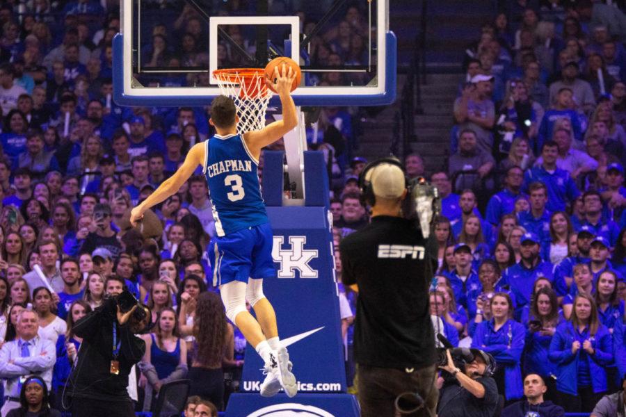 Freshman Tyler Herro wears Rex Chapmans jersey while competing in the dunk contest during Big Blue Madness on Friday, Oct. 12, 2018 at Rupp Arena in Lexington, Ky. Photo by Jordan Prather | Staff
