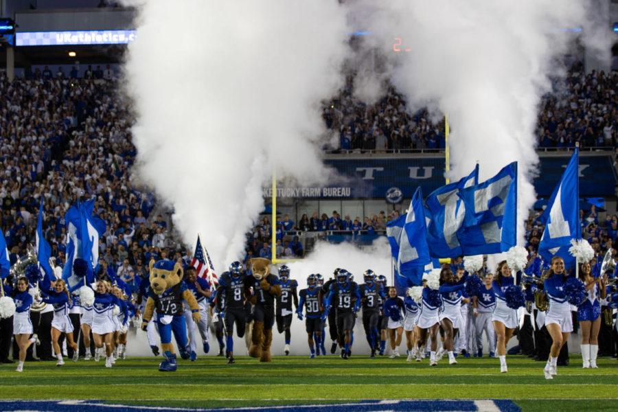 The Kentucky Wildcats football team runs onto the field prior to the game against South Carolina on Saturday, Sept. 29, 2018, in Lexington, Kentucky. Kentucky defeated South Carolina 24 to 10. Photo by Jordan Prather | Staff