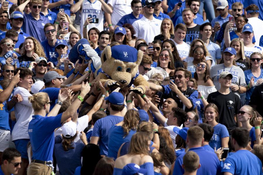 Scratch crowd surfs in the student section during the game against Central Michigan on Saturday Sept. 1, 2018, at Kroger Field in Lexington, Kentucky. Kentucky won 35-20. Photo by Arden Barnes | Staff