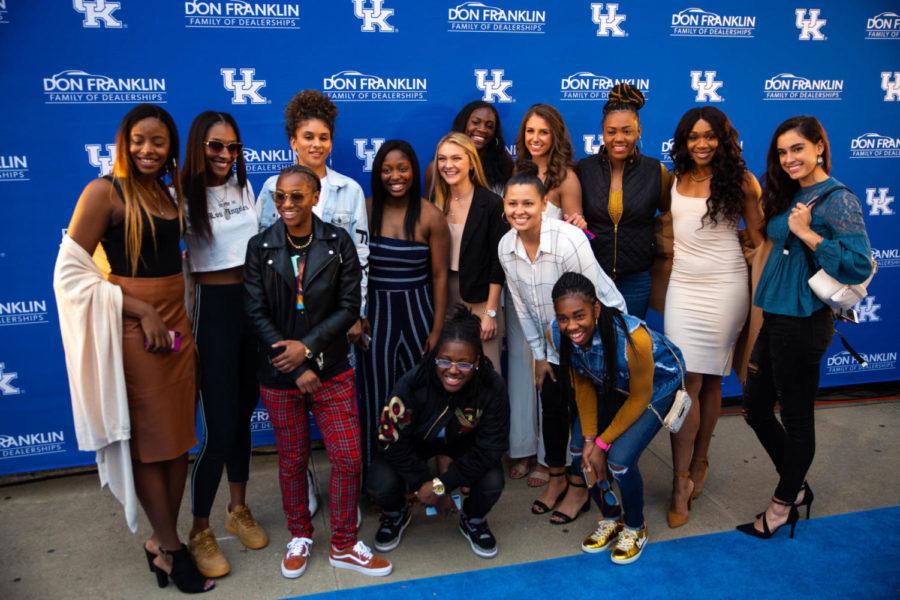 The Kentucky women's basketball team poses for a team photo at The Blue Carpet on Friday, Oct. 12, 2018 at Rupp Arena in Lexington, Ky. Photo by Jordan Prather | Staff