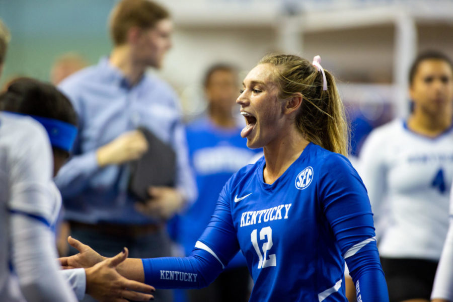 Kentucky sophomore Gabby Curry is greeted by teammates on the bench during the game against Mississippi State on Friday, Nov. 9, 2018 at Memorial Coliseum in Lexington, Kentucky. Kentucky won in the first three sets. Photo by Jordan Prather | Staff
