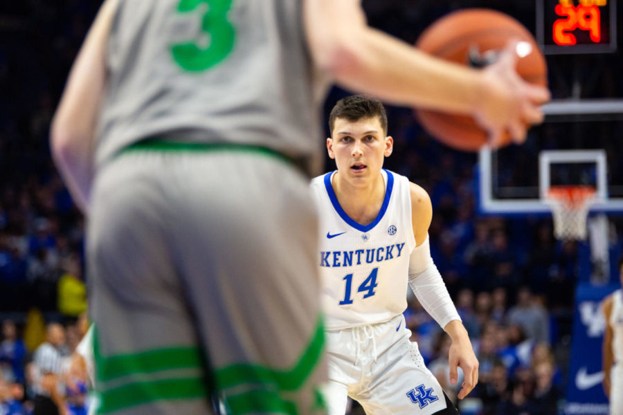 Kentucky freshman guard Tyler Herro guards a North Dakota player as they bring the ball up the court during the game on Wednesday, Nov. 14, 2018, at Rupp Arena in Lexington, Kentucky. Kentucky defeated North Dakota 96 to 58. Photo by Jordan Prather | Staff