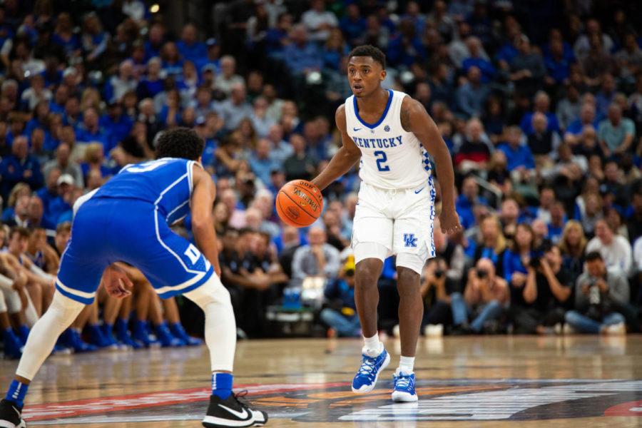 Kentucky freshman guard Ashton Hagans brings the ball up the court during the game against Duke in the State Farm Champions Classic on Tuesday, Nov. 6, 2018, at Bankers Life Fieldhouse in Indianapolis, Indiana. Photo by Jordan Prather | Staff
