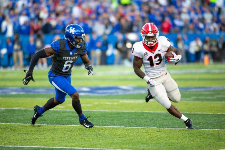 Kentucky+Wildcats+cornerback+Lonnie+Johnson+Jr.+chases+down+Georgia+tailback+Elijah+Holyfield+during+the+game+against+Georgia+on+Saturday%2C+Nov.+3%2C+2018%2C+at+Kroger+Field+in+Lexington%2C+Kentucky.+Photo+by+Jordan+Prather+%7C+Staff