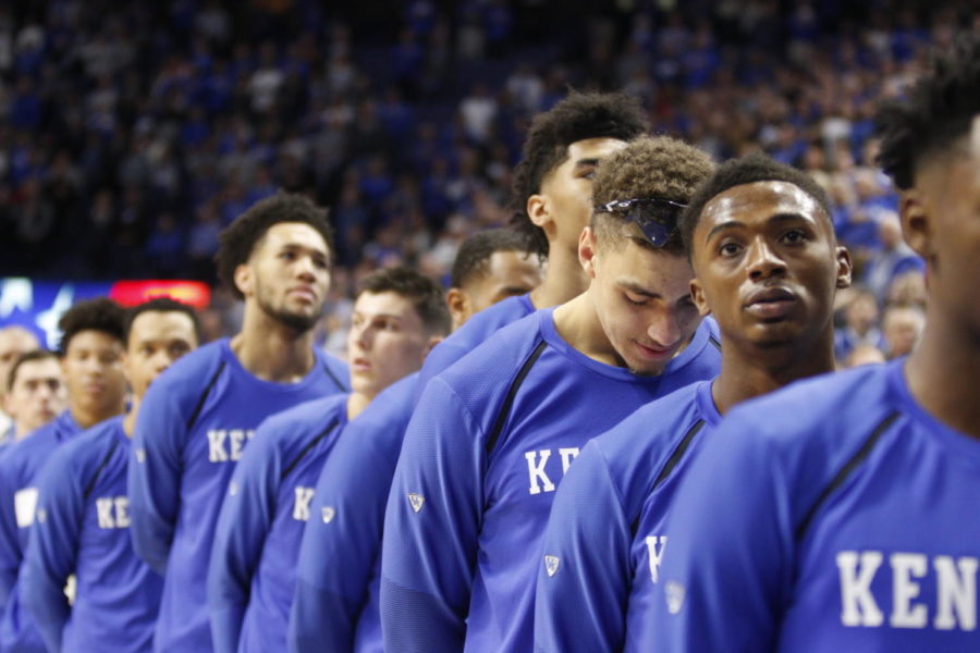 The+team+listens+to+the+National+Anthem+before+the+game+against+Winthrop+University+on+Wednesday%2C+Nov.+21%2C+2018%2C+at+Rupp+Arena+in+Lexington%2C+Kentucky.+Photo+by+Sydney+Carter+%7C+Staff
