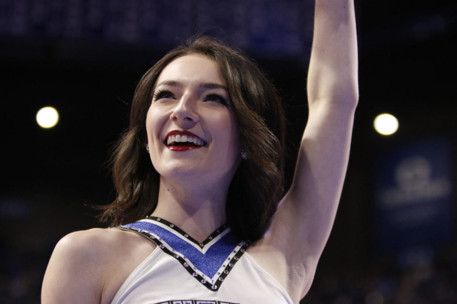 A member of the UK dance team waves to the crowd during the game against the Virginia Military Institute Keydets on Sunday, Nov. 18, 2018, at Rupp Arena in Lexington, Kentucky. Kentucky won 92-82. Photo by Bailey Vandiver | Staff