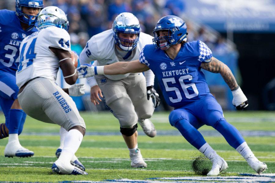 Kentucky+Wildcats+linebacker+Kash+Daniel+%2856%29+reaching+for+a+tackle.+University+of+Kentucky+football+defeated+Middle+Tennessee+State+University+34-23+at+Kroger+Field+on+Saturday%2C+Nov.+17%2C+2018+in+Lexington%2C+Kentucky.+Photo+by+Michael+Clubb+%7C+Staff
