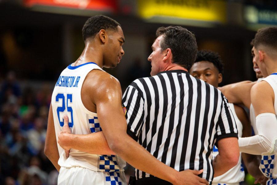 Kentucky sophomore forward PJ Washington talks with a referee during the game against Duke in the State Farm Champions Classic on Tuesday, Nov. 6, 2018, at Bankers Life Fieldhouse in Indianapolis, Indiana. Photo by Jordan Prather | Staff
