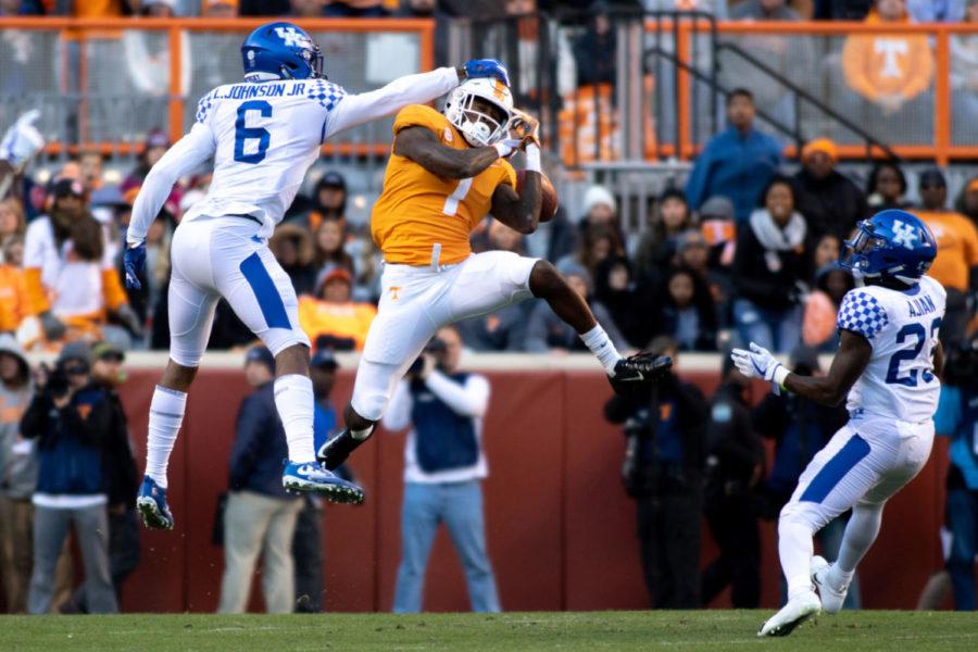 Kentucky Wildcats cornerback Lonnie Johnson Jr. (6) deflecting a pass. University of Kentuckys football team lost to University of Tennessee, 24-7, at Neyland Stadium on Saturday, Nov. 10, 2018 in Knoxville, Tennessee. Photo by Michael Clubb | Staff