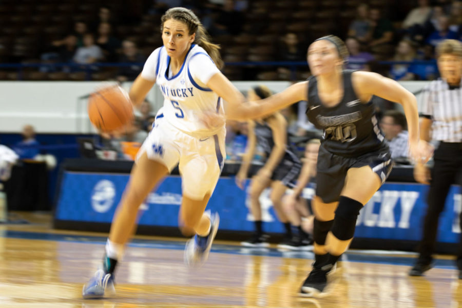 Freshman guard Blair Green (5) dribbles past LMUs defense. University of Kentucky womens basketball team defeated Lincoln Memorial University 101-64 in an exhibition game at Memorial Coliseum on Friday, November 2, in Lexington, Kentucky. Photo by Michael Clubb | Staff