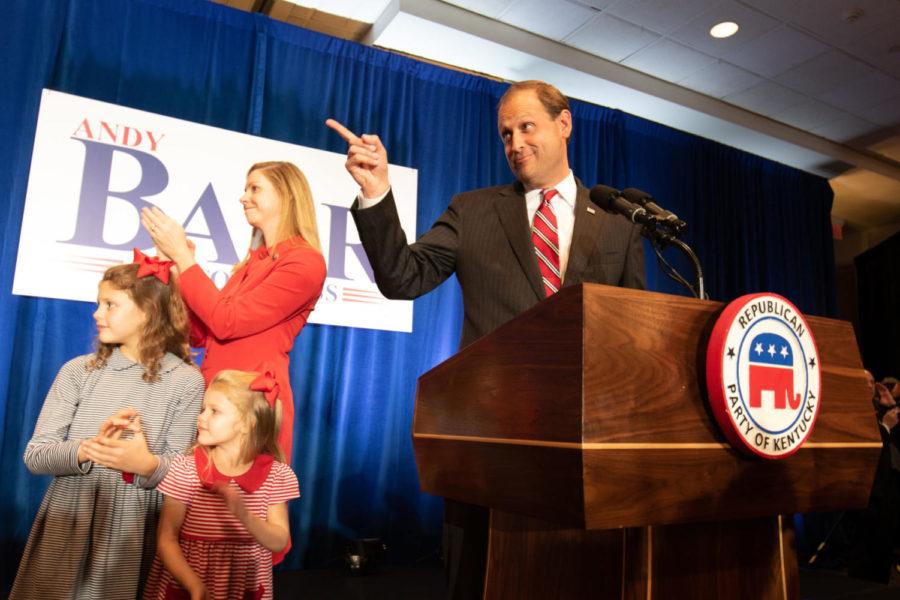 Barr pointing off stage to his campaign staff. Andy Barr and his supporters attend his 2018 Election Night Celebration on Tuesday, Nov. 6, 2018, at Griffin Gate Marriott Hotel in Lexington, Kentucky. Photo by Michael Clubb | Staff