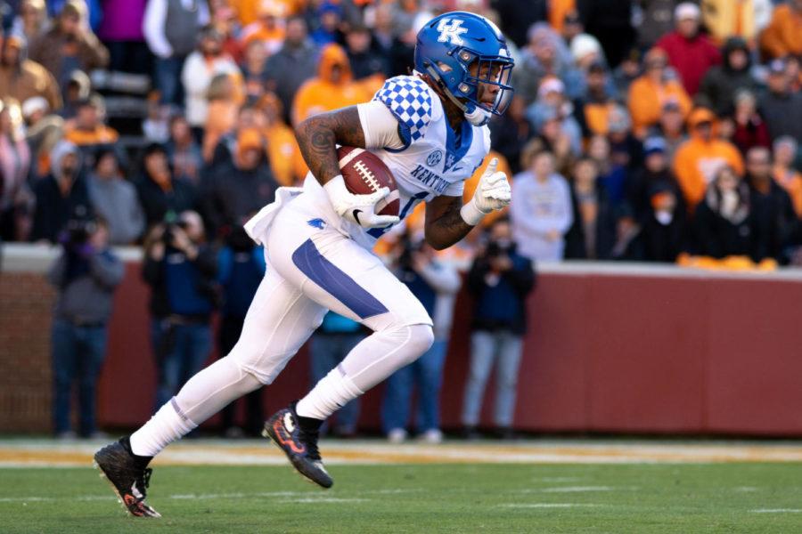 Kentucky Wildcats wide receiver Lynn Bowden Jr. (1) running back the opening kickoff against UT. University of Kentuckys football team lost to University of Tennessee, 24-7, at Neyland Stadium on Saturday, Nov. 10, 2018 in Knoxville, Tennessee. Photo by Michael Clubb | Staff