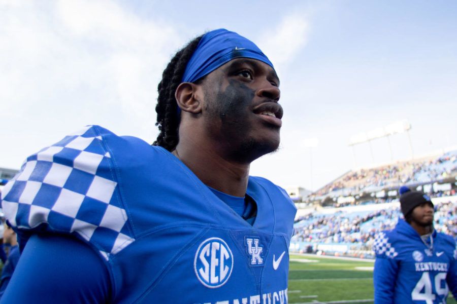 Kentucky Wildcats quarterback Terry Wilson (3) walking off of the field after UKs win. University of Kentucky football defeated Middle Tennessee State University 34-23 at Kroger Field on Saturday, Nov. 17, 2018 in Lexington, Kentucky. Photo by Michael Clubb | Staff