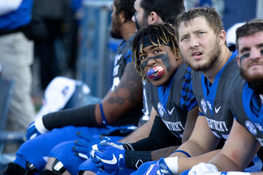 Kentucky Wildcats running back Benny Snell Jr. (26) watching the defense play from the sidelines. University of Kentucky football lost to No. 6 Georgia 34-17 at Kroger Field on Saturday, November 3, in Lexington, Kentucky. Photo by Michael Clubb | Staff